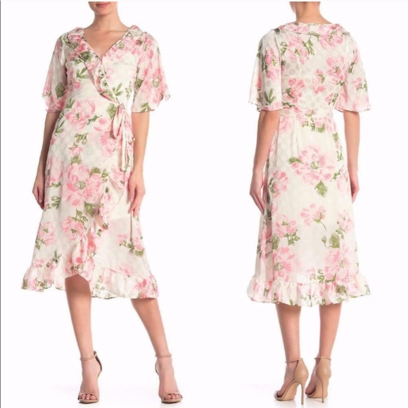 NWTs MELLODAY Floral Pink Wrap Ruffle Dot Dress - Picture 1 of 13